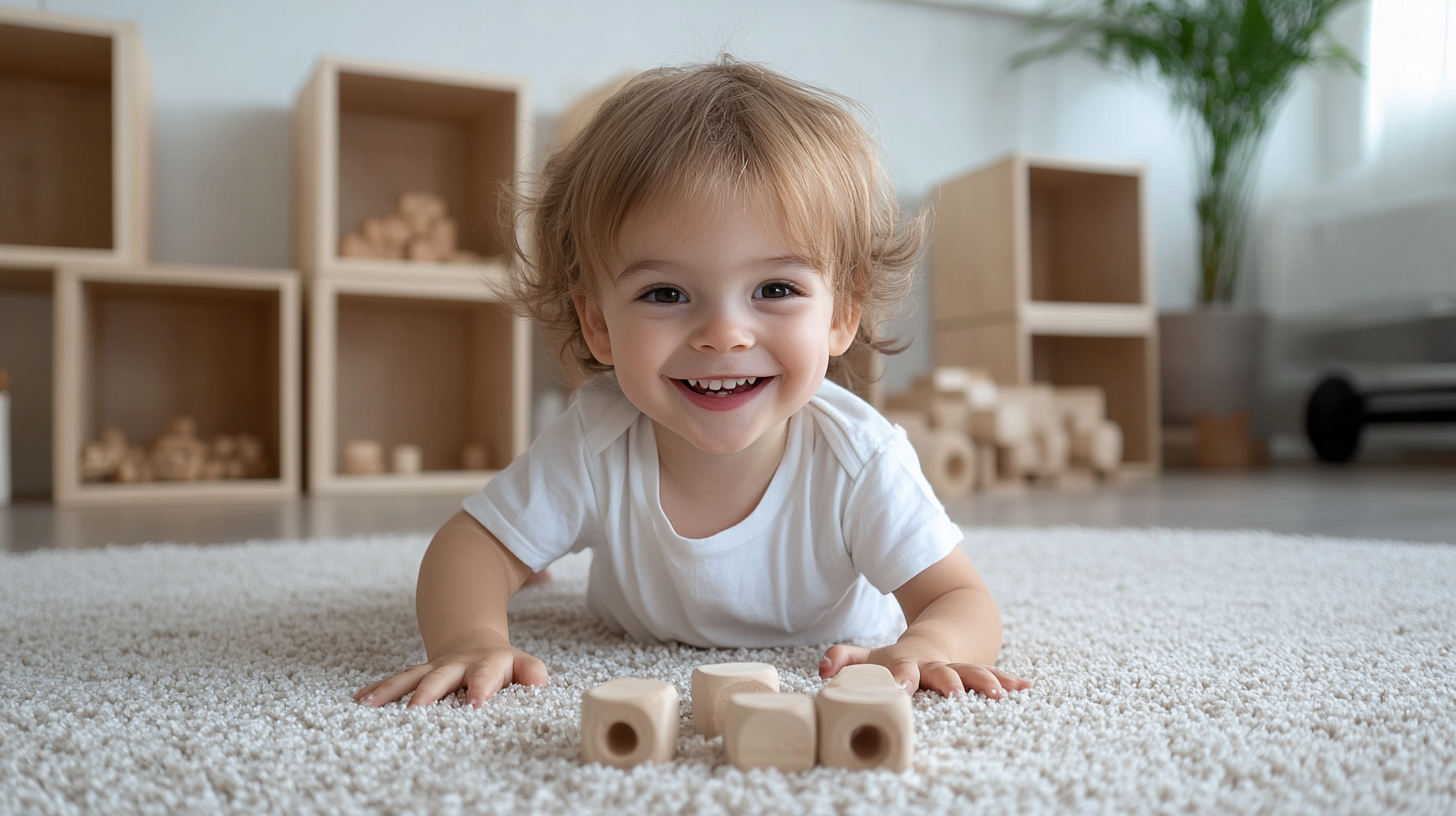 Happy Child Sitting On Carpet With Blocks