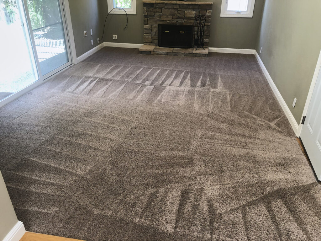 A Large Living Room During The Cleaning Process With Cleaning Marks On The Carpet Showing Results After The Initial Cleaning