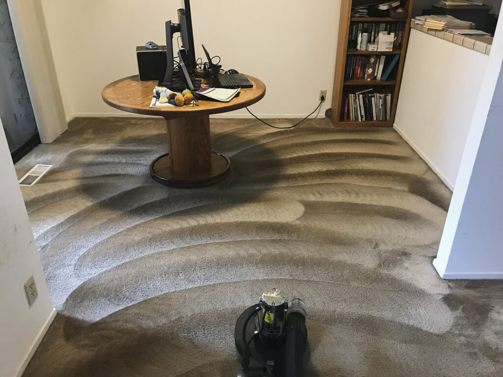 Dirty Carpet Inside A Room Being Cleaned Professionally With A Carpet Cleaning Machine By Hi Tech Steamer