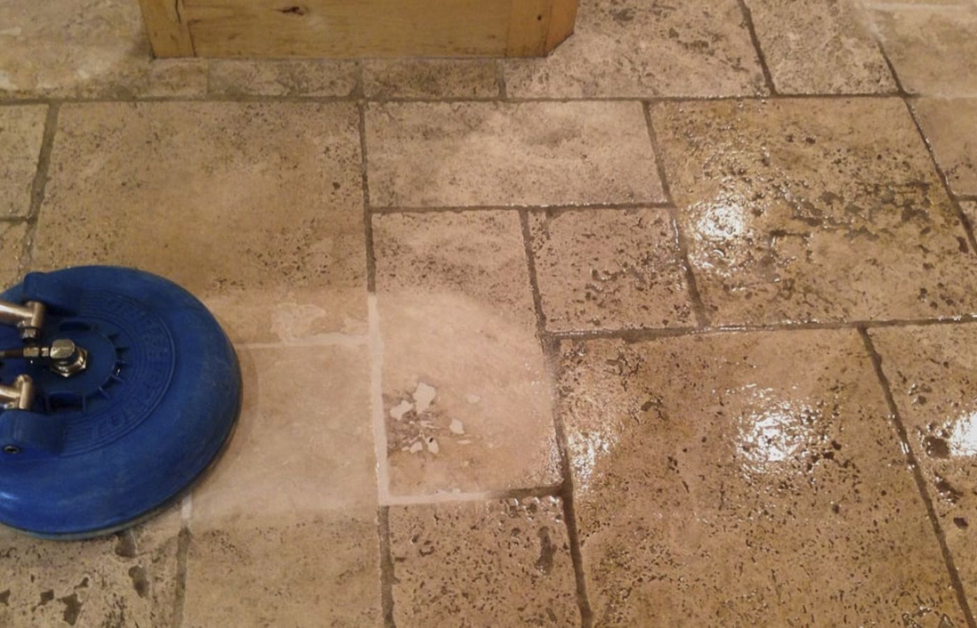 Closeup Shot Of A Floor Cleaning Machine Working On A Marble Floor With Visible Difference After Cleaning